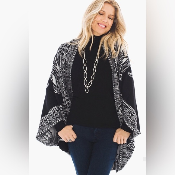 Chico's Jacquard Cocoon Chic Black & White Large Print Shawl Cardigan Jacket S/M - Picture 3 of 11